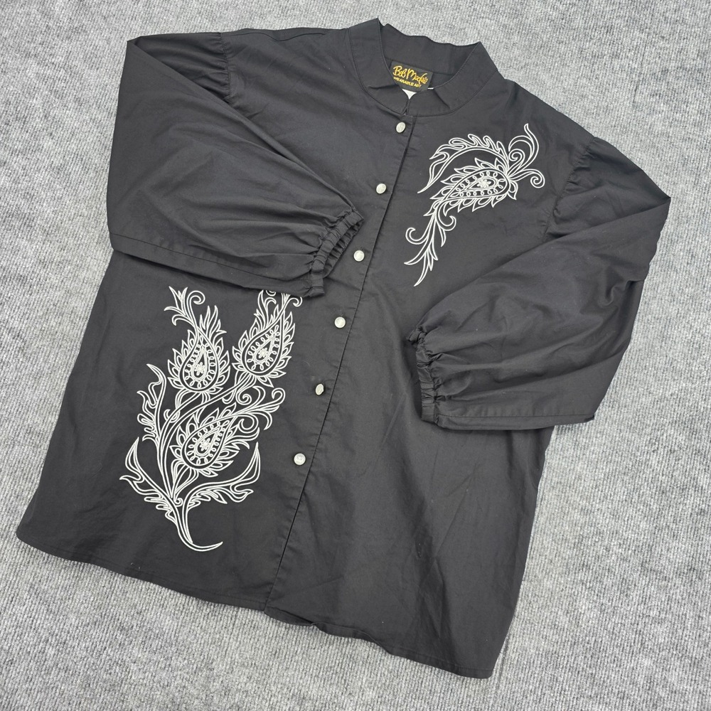 Bob Mackie Wearable Art Black Paisley Embroidered Button Blouse L A86821